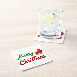 Posavasos Cuadrado De Papel Feliz Navidad Santa Sleigh guión verde rojo