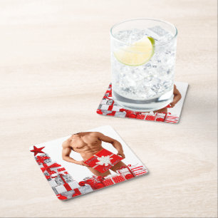 Posavasos Cuadrado De Papel Feliz Navidad SlipperyJoe regalo rojo blanco plata