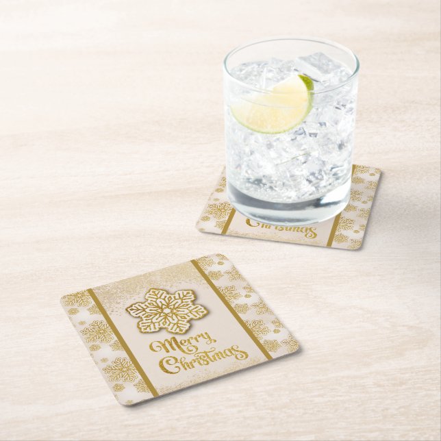 Posavasos Cuadrado De Papel Feliz Navidad Snowflakes Gold Purpurina Sparkle (In situ)