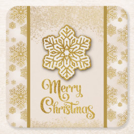 Posavasos Cuadrado De Papel Feliz Navidad Snowflakes Gold Purpurina Sparkle