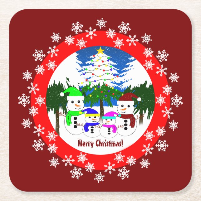 Posavasos Cuadrado De Papel Feliz Navidad! Snowman Family Paper Coasters (Anverso)