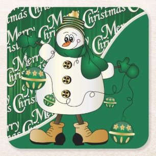 Posavasos Cuadrado De Papel Feliz Navidad Snowman Green