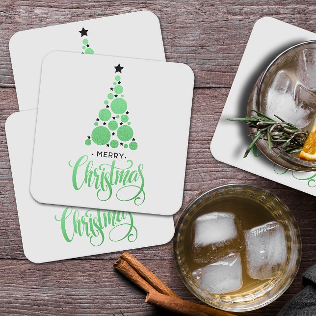 Posavasos Cuadrado De Papel Feliz Navidad, vacaciones de árbol verde moderno (Order in sets of 6 coasters)