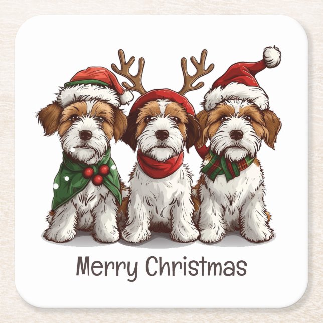Posavasos Cuadrado De Papel Feliz Navidad Welsh Wire Fox Terrier Dogs (Anverso)