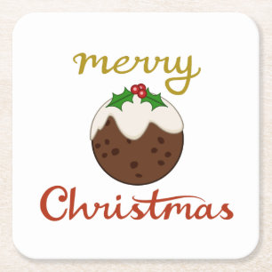 Posavasos Cuadrado De Papel Feliz Navidad y diseño de pudding