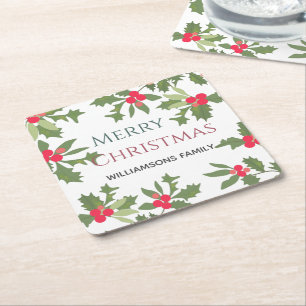 Posavasos Cuadrado De Papel Feliz Navidad y feriado de berry