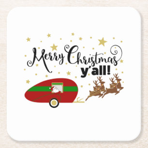 Posavasos Cuadrado De Papel Feliz Navidad Y'All Santa Camper Funny