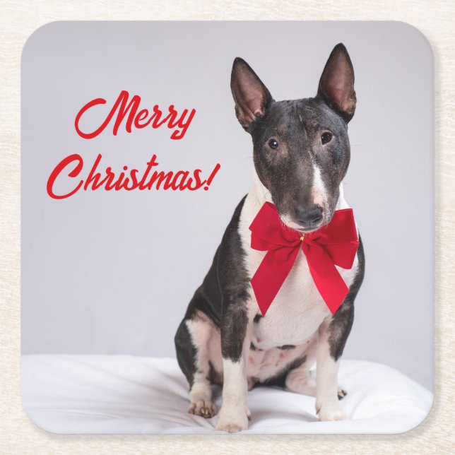 Posavasos Cuadrado De Papel Feliz Navidades navideños Bull Terrier Dog (Anverso)