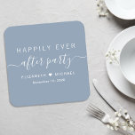 Posavasos Cuadrado De Papel Feliz Nunca Después De Un Fiesta Dusty Boda Azul<br><div class="desc">Empresarios de papel azul polvoriento de moda para la recepción de tu boda y otras celebraciones post-boda con "Feliz eterno después del Fiesta" en una tipografía simple y blanca y un elegante guión de swash blanco,  tus nombres unidos por el corazón y tu fecha de recepción.</div>