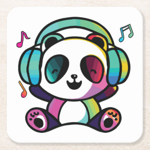 Posavasos Cuadrado De Papel Feliz Panda con auriculares escuchando música.