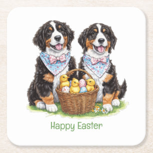 Posavasos Cuadrado De Papel Feliz Pascua Bernese Mountain Dogs