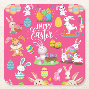 Posavasos Cuadrado De Papel Feliz Pascua, Divertidos Conejitos Deseos Y Colori