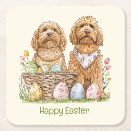 Posavasos Cuadrado De Papel Feliz Pascua Goldendoodle Dogs