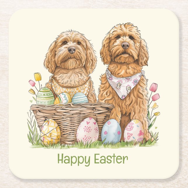 Posavasos Cuadrado De Papel Feliz Pascua Goldendoodle Dogs (Anverso)