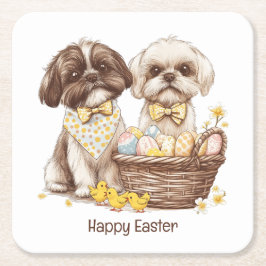 Posavasos Cuadrado De Papel Feliz Pascua Shih Tzu Dogs