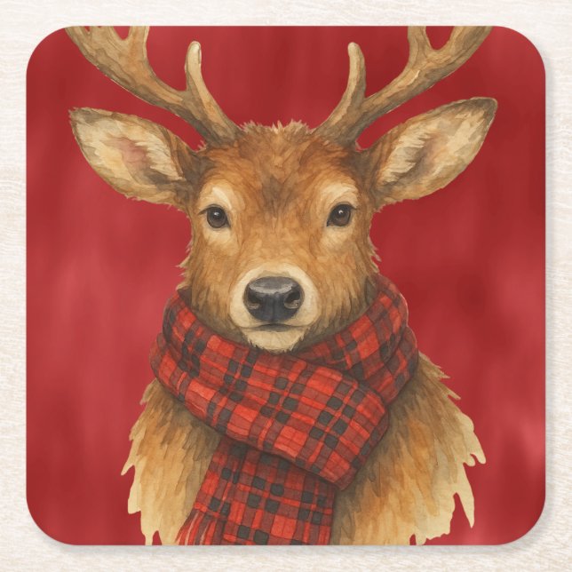 Posavasos Cuadrado De Papel Feliz reno navideño (Anverso)