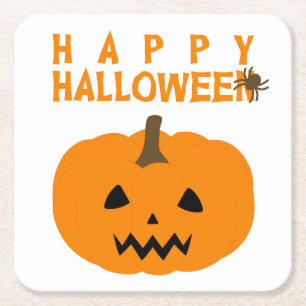 Posavasos Cuadrado De Papel Feliz texto de Halloween y calabaza en blanco