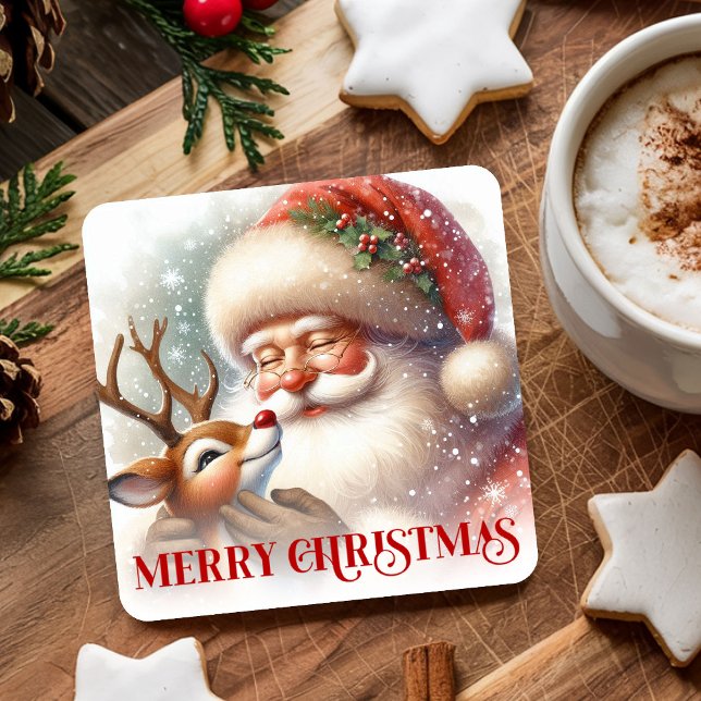 Posavasos Cuadrado De Papel Festive Christmas Paper Coaster Santa Claus Rudolp (Festive Christmas Paper Coasters Santa Claus Rudolph)
