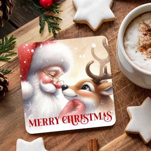 Posavasos Cuadrado De Papel Festive Funny Santa Rudolph Christmas Drink Coaste (Festive Funny Santa Rudolph Christmas Drink Coasters)