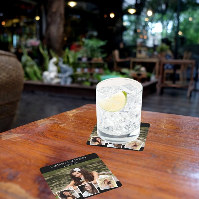 Posavasos Cuadrado De Papel Festividad de cumpleaños del collage de fotos negr (Subido por el creador)