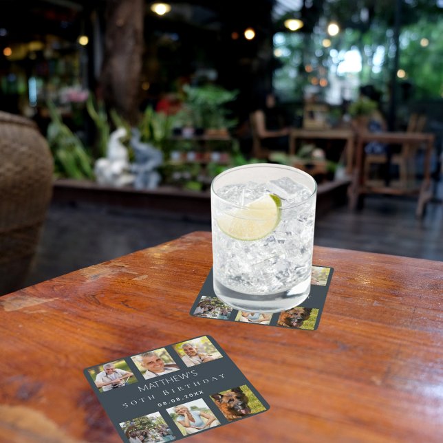 Posavasos Cuadrado De Papel Festividad de cumpleaños gris de carbón vegetal (Subido por el creador)