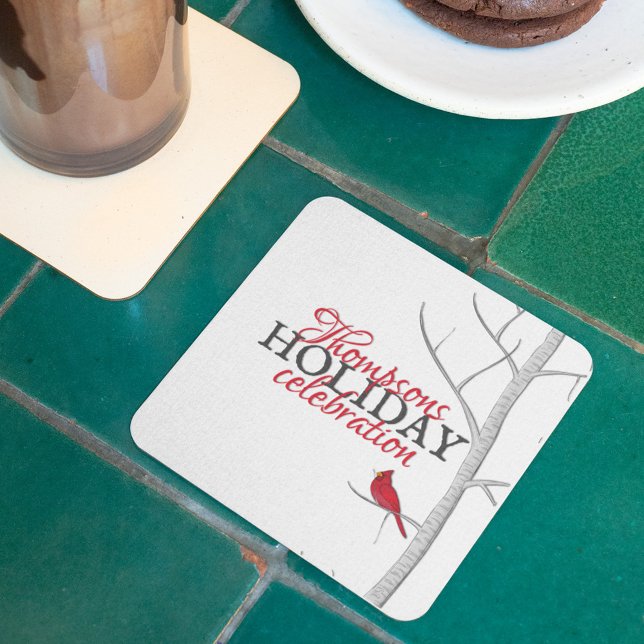 Posavasos Cuadrado De Papel Festividad del Personalizado del árbol de bosques  (Holiday winter red cardinal birch tree holiday paper party coaster.)