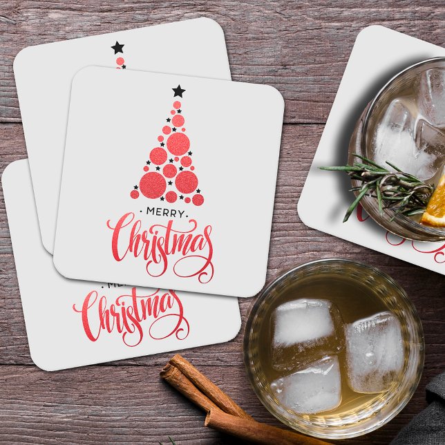 Posavasos Cuadrado De Papel Festividad navideña moderna de árbol rojo (Order in sets of 6 coasters)