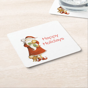 Posavasos Cuadrado De Papel Festividades de Santa y Gatos