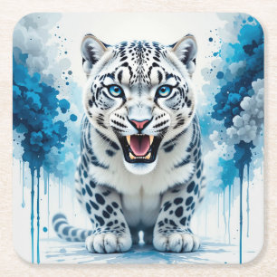 Posavasos Cuadrado De Papel Fiero Leopardo Blanco