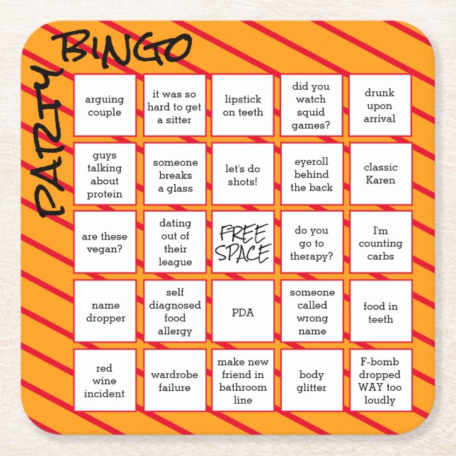 Posavasos Cuadrado De Papel Fiesta Bingo Funny Naranja Red Moderno (Anverso)