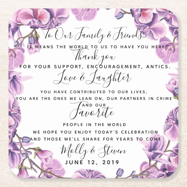 Posavasos Cuadrado De Papel fiesta/boda púrpura de boda en el país Gracias (Anverso)