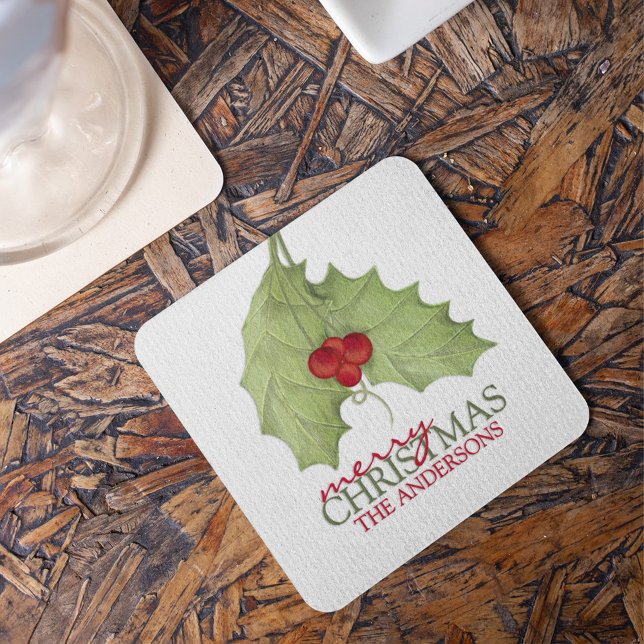 Posavasos Cuadrado De Papel Fiesta Botánica Elegante Feliz Nombre de Navidad (Elegant botanical Merry Christmas personalized coaster with festive greenery holiday drink decor.)