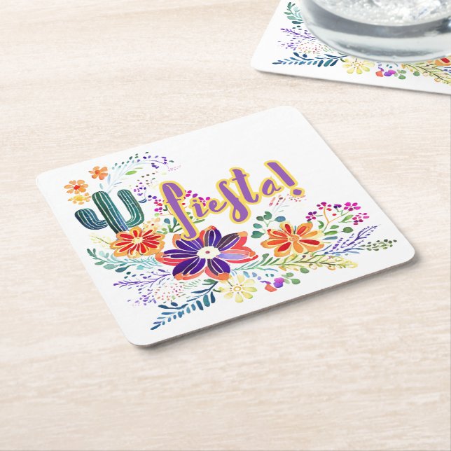 Posavasos Cuadrado De Papel FIESTA Cacti Folkart Flores Personalizado (En perspectiva)