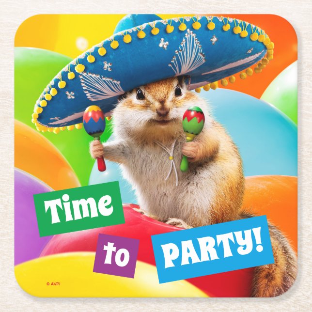 Posavasos Cuadrado De Papel Fiesta Chipmunk En Sombrero (Anverso)