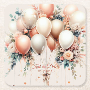 Posavasos Cuadrado De Papel Fiesta Colorful White Peach Floral Balones Elegant