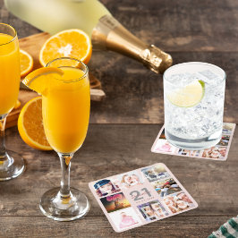 Posavasos Cuadrado De Papel fiesta de 21 años, foto rosa de color dorado subió