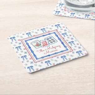 Posavasos Cuadrado De Papel Fiesta de acuarela Mahjong Tiles & Bows