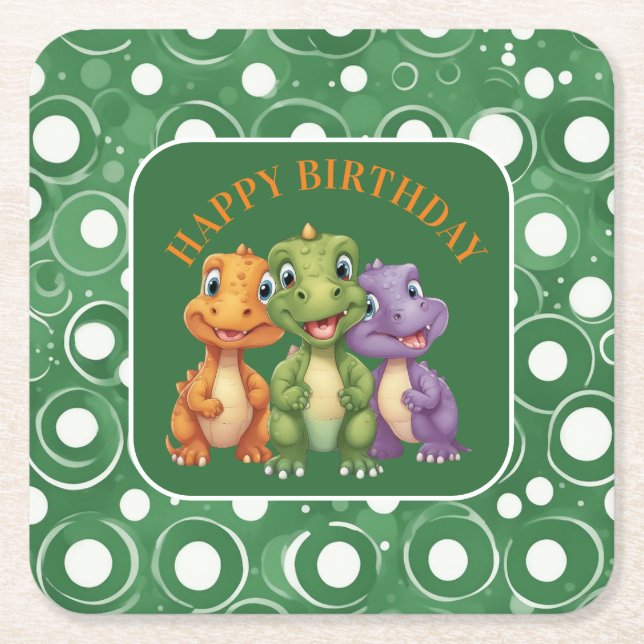 Posavasos Cuadrado De Papel Fiesta de adorable bebé dinosaurio (Anverso)