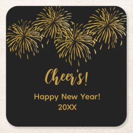 Posavasos Cuadrado De Papel Fiesta de Año Nuevo Feliz Oro Negro