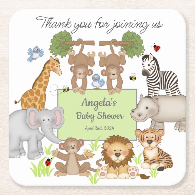 Posavasos Cuadrado De Papel Fiesta de Baby Shower Safari Animals (Anverso)