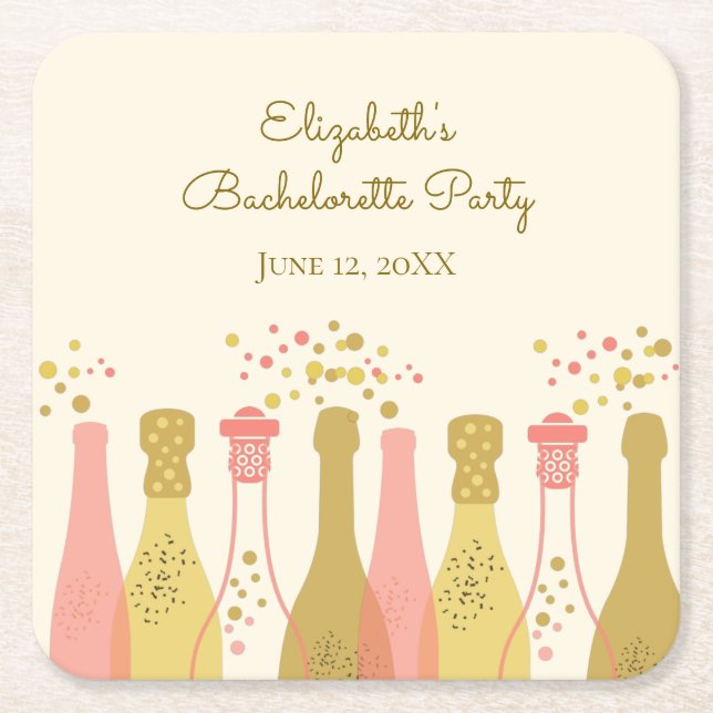 Posavasos Cuadrado De Papel Fiesta de Bachelorette de Champagne Retro Glam de  (Anverso)