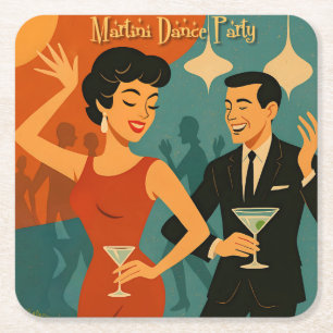 Posavasos Cuadrado De Papel Fiesta de baile Martini de mediados de siglo