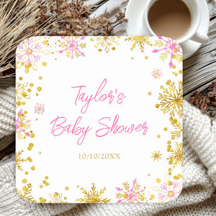 Posavasos Cuadrado De Papel Fiesta de Bebé Copos de Nieve Rosa y Dorado
