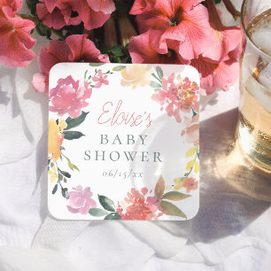 Posavasos Cuadrado De Papel Fiesta de Bebé Niña Aquarela Flores de Primavera