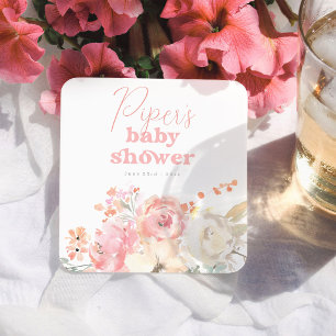 Posavasos Cuadrado De Papel Fiesta de Bebé Retro Floral Rosa Niña