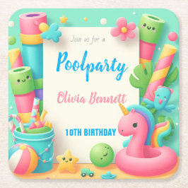 Posavasos Cuadrado De Papel Fiesta de billar editable Natación de verano de cu