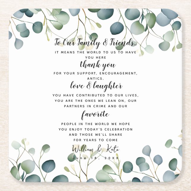 Posavasos Cuadrado De Papel Fiesta de bodas de Eucalyptus/boda Gracias (Anverso)