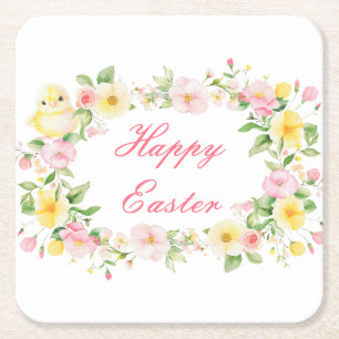 Posavasos Cuadrado De Papel Fiesta de búsqueda de huevos de Pascua con flores 