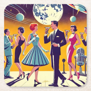 Posavasos Cuadrado De Papel Fiesta de cóctel de la era espacial de mediados de