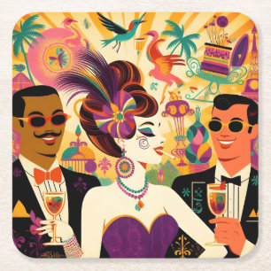 Posavasos Cuadrado De Papel Fiesta de Cóctel Mardi Gras de Mitad de Siglo